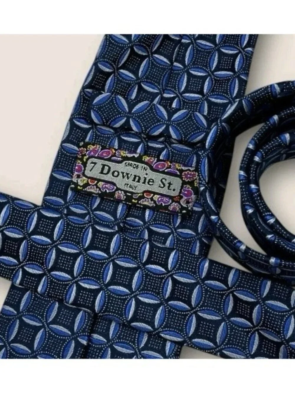 7 DOWNIE ST Silk Tie ITALY XL Navy Blue Geometric W:3.4